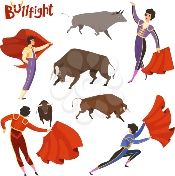 Bullfighting characters. Vector illustration of spanish corrida peoples. Bullfight and toreador, bull corrida, matador torero