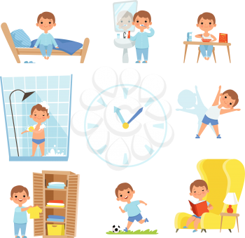 Daily routine. Kids making various cases in all day. Vector child daily sleep, eat and activity illustration