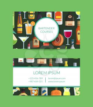 Vector business card template for bar or bartender courses with alcoholic drinks in glasses and bottles in flat style and plainspace for text illustration