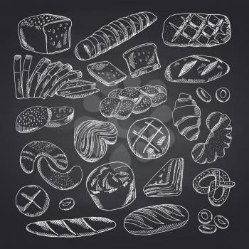Vector hand drawn contoured bakery elements on black chalkboard. Bakery chalkboard sketch, doodle chalk drawing illustration