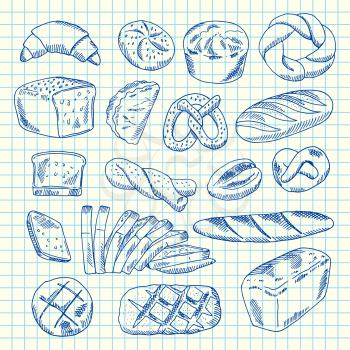 Vector hand drawn contoured bakery elements on paper sheet illustration
