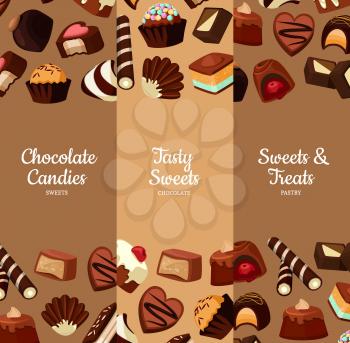 Vector vertical web banners or poster illustration with cartoon chocolate candies