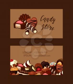 Vector business card template with cartoon chocolate sweet candies for pastry shop illustration