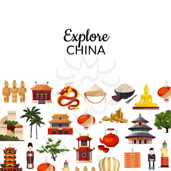 Vector flat style china elements and sights background illustration with place for text