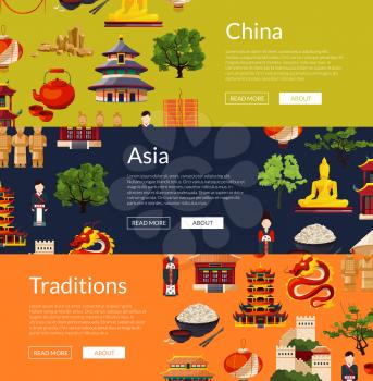 Vector flat style china elements and sights horizontal web banners illustration