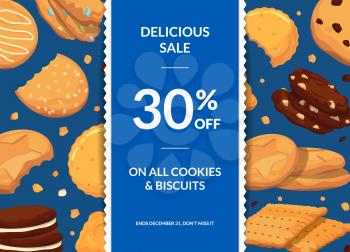 Vector sale background with with cartoon cookies, vertical ribbon and place for text illustration