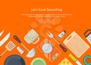 Vector kitchen utensils flat icons background with place for text illustration