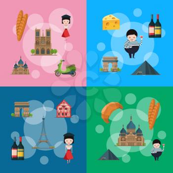 Vector banner with cartoon France sights and objects concept illustration