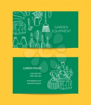 Vector gardening doodle icons business card template for farm and garden tools shop illustration