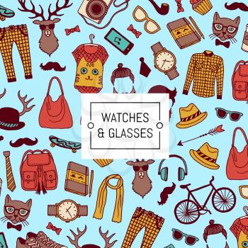 Vector hipster doodle icons fashion background pattern with place for text illustration