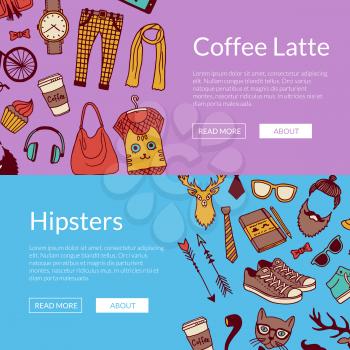 Vector hipster doodle icons horizontal web banners or poster illustration