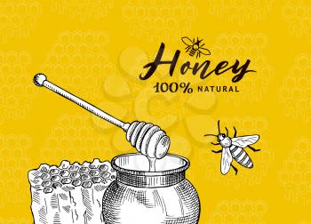 Vector background with sketched contoured honey theme elements on honeycombs background. Honeycomb and honey food, beekeeping organic illustration
