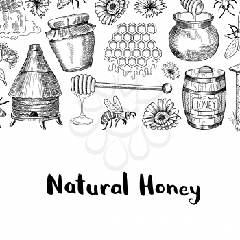 Vector background with sketched honey theme elements with place for text illustration
