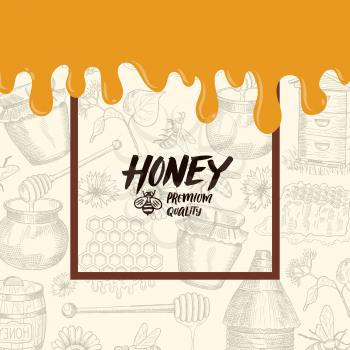 Vector background with sketched honey elements, dripping honey banner illustration