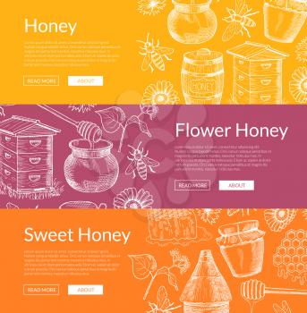 Vector horizontal web banners illustration with hand drawn honey elements and place for text