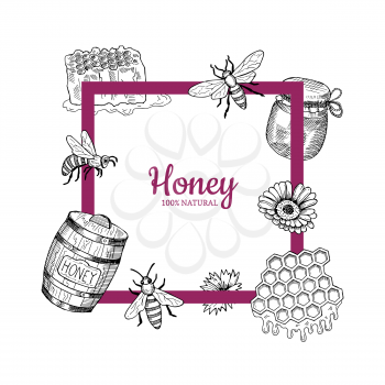 Vector frame with hand drawn honey elements flying around it and place for text illustration