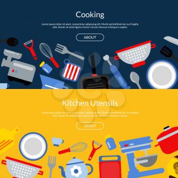 Vector flat style kitchen utensils horizontal web banners or landing page illustration
