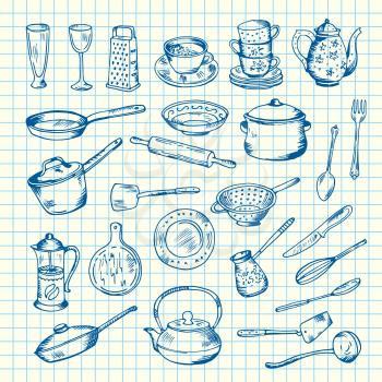 Vector set of kitchen utensils on cell sheet illustration. Knife and spoon, fork and spatula