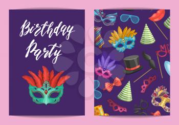 Vector card or flyer template with masks and party accessories with place for text illustration