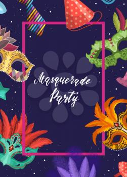 Vector frame with masks and party accessories around it with place for text in center illustration