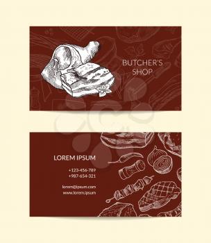 Vector business card template for butchers shop with hand drawn monochrome meat elements illustration
