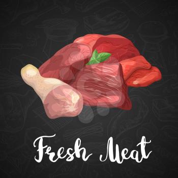 Vector pile of cartoon meat elements background on dark background illustration with lettering. Meat food beef, steak of pork, fresh and raw ingredient