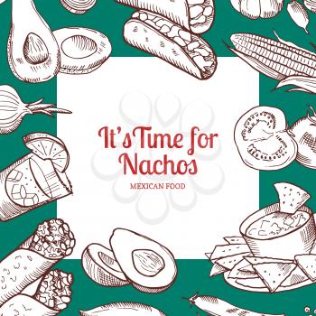 Vector sketched mexican food elements background with white rectangle with place for text illustration