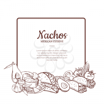 Vector sketched mexican food elements gathered under frame with place for text illustration