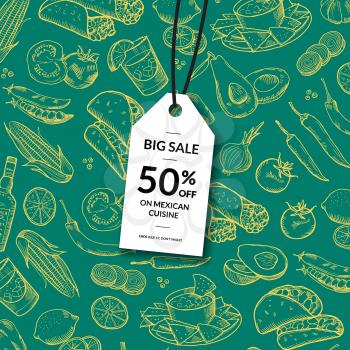 Vector sale tag with background sketched mexican food elements illustration