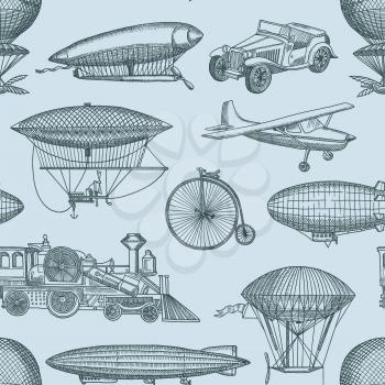 Vector pattern or background illustration with steampunk hand drawn airships, bicycles and cars. Vintage and retro