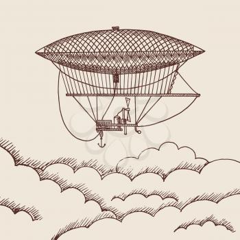 Vector background with steampunk hand drawn air baloon above the clouds illustration