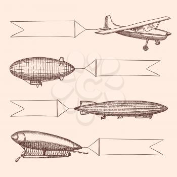 Vector set of steampunk hand drawn vintage dirigibles and air baloons with hanging wide ribbons for text. Airplane transport with banner, aircraft dirigible or zeppelin illustration