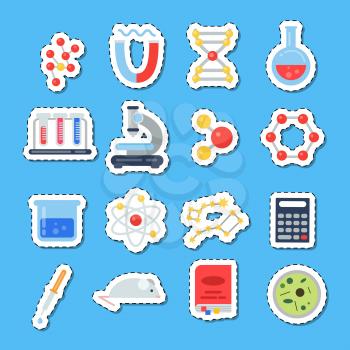 Vector colored flat style science icons stickers with shadows set illustration