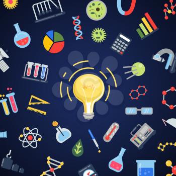 Vector flat style science icons flying around lightbulb concept illustration