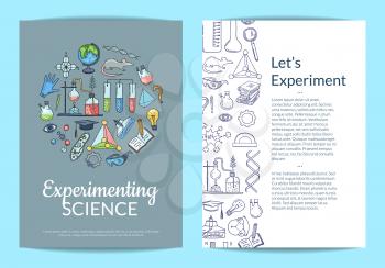Vector card or flyer template with sketched science or chemistry elements on plain background and place for text. Chemistry science flyer banner , research brochure scientific illustration
