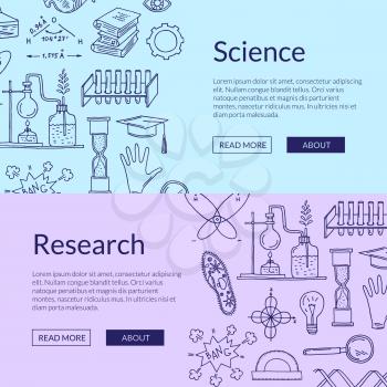 Vector web banner poster templates with hand drawn science elements illustration