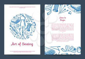 Vector hand drawn sewing elements card, flyer or brochure template for atelier or sewing classes illustration