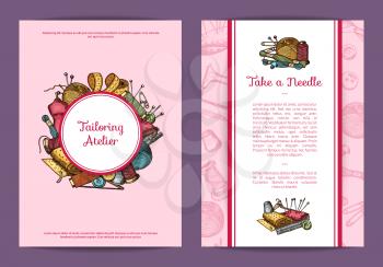 Vector hand drawn sewing elements card, flyer or brochure template for sewing classes or hand crafts shop illustration