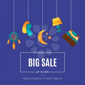 Vector sale background with cartoon sleep elements hanging on threads with place for text illustration