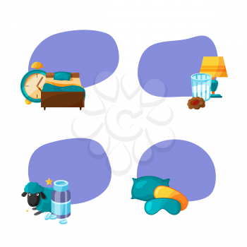 Vector set of stickers with place for text with cartoon sleep elements. Collection of badge illustration