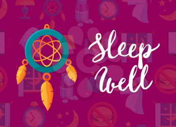 Vector background with cartoon sleep elements, dreamcatcher and lettering illustration