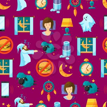 Vector pattern or background illustration with cartoon sleep elements. Graphic repeat seamless wallpaper