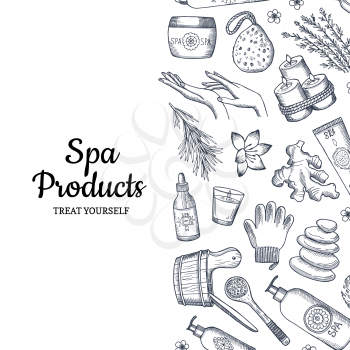 Spa pattern. Vector hand drawn spa procedure elements background with place for text illustration
