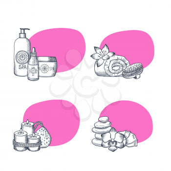 Vector hand drawn spa elements stickers set with place for text illustration