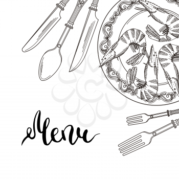 Vector background with hand drawn tableware elements in upper right corner with place for text. Illustration of tableware in restaurant, menu banner with utensil