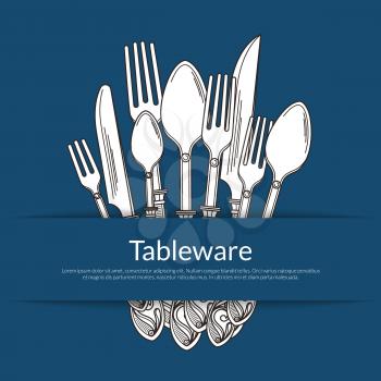 Vector background with pile of hand drawn tableware in paper pocket with place for text. Knife and fork, spoon and tableware for dinner illustration
