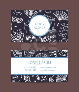 Vector doodle theatre elements business card template for talent agency or acting classes illustration