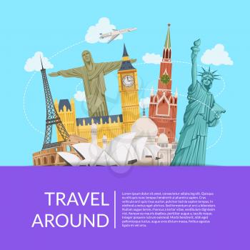 Vector world sights with sky background hidden under ribbon with place for text illustration