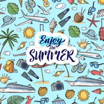 Vector colored hand drawn summer travel elements background pattern with place for text illustration