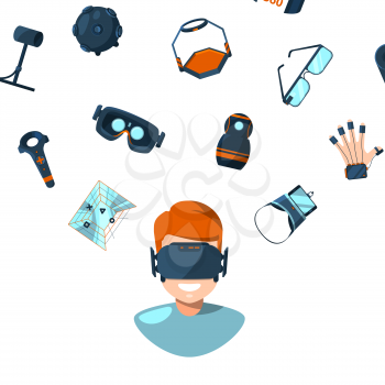 Vector concept illustration with flat style virtual reality elements flying above man person in VR glasses